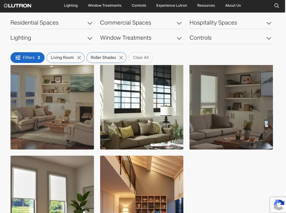 Lutron motorized shade inspiration gallery showing room scenes and fabric options