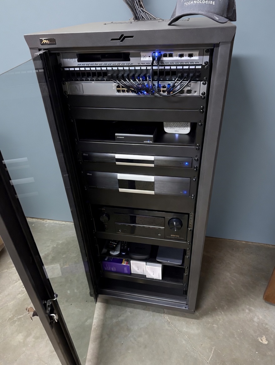 Custom AV equipment rack with Alta Labs networking and Marantz components in a Chicago-area home