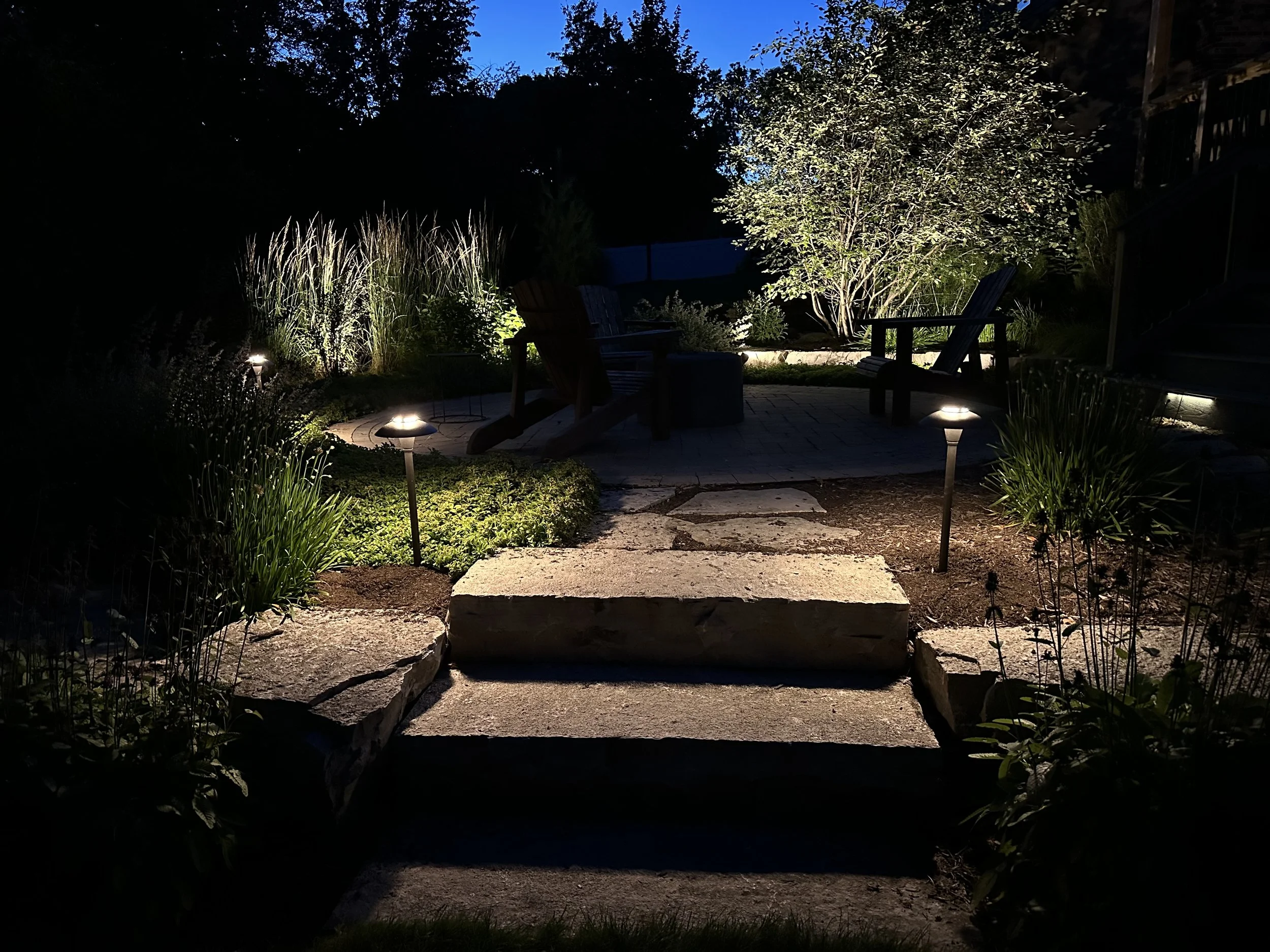 Backyard landscape lighting and outdoor audio installation at dusk